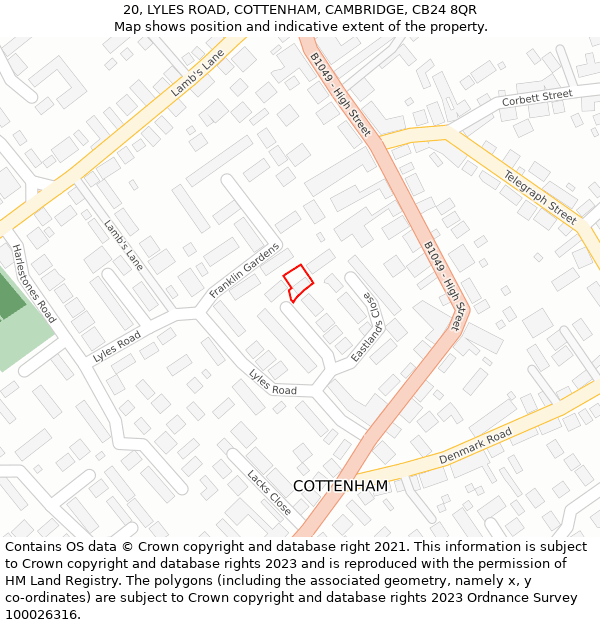 20, LYLES ROAD, COTTENHAM, CAMBRIDGE, CB24 8QR: Location map and indicative extent of plot