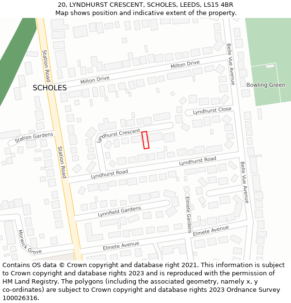 20, LYNDHURST CRESCENT, SCHOLES, LEEDS, LS15 4BR: Location map and indicative extent of plot