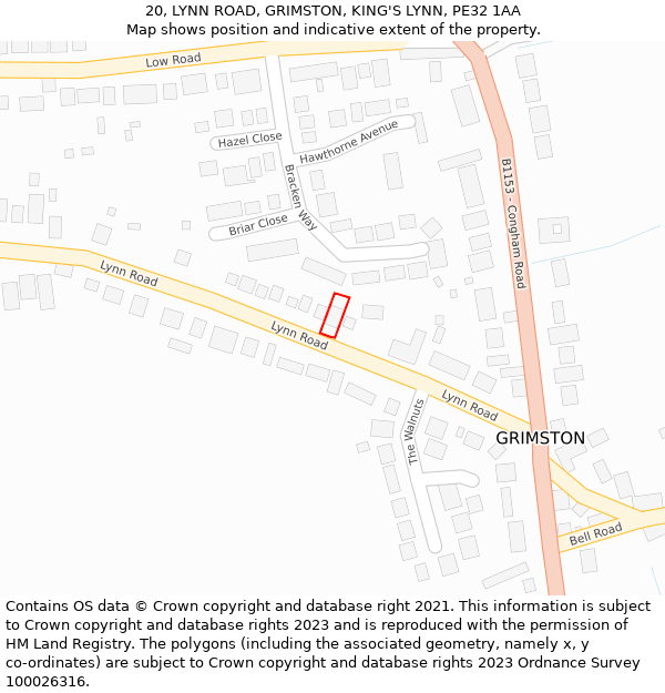 20, LYNN ROAD, GRIMSTON, KING'S LYNN, PE32 1AA: Location map and indicative extent of plot