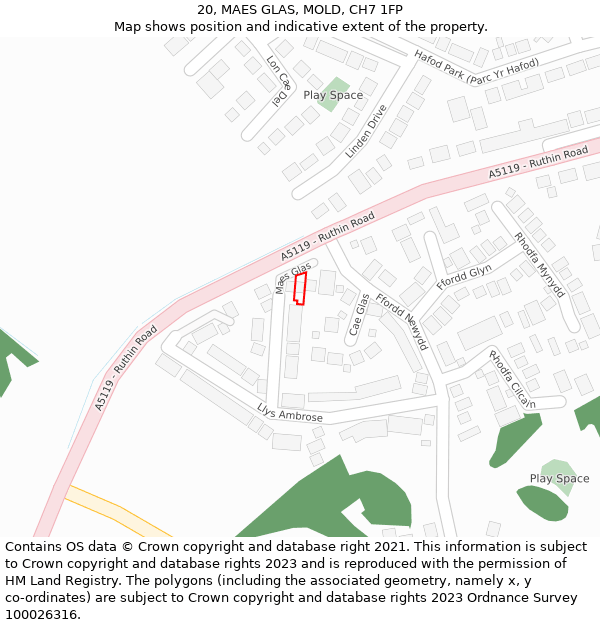 20, MAES GLAS, MOLD, CH7 1FP: Location map and indicative extent of plot