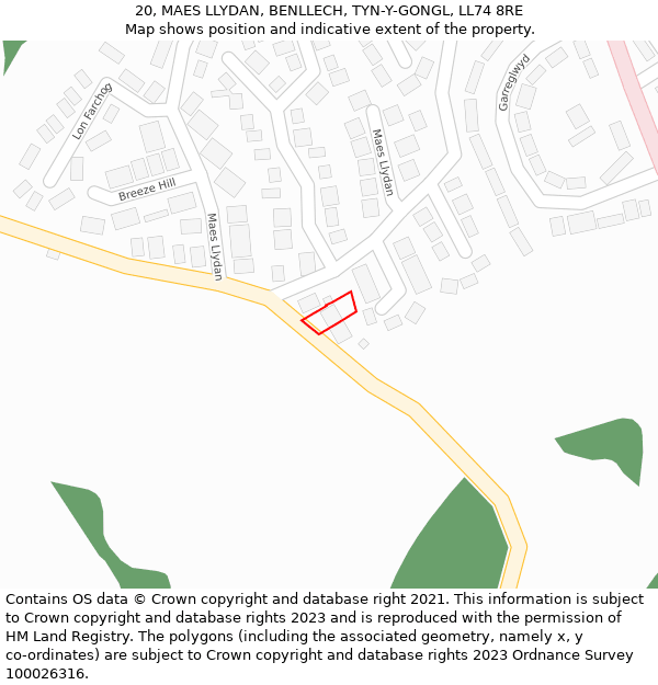 20, MAES LLYDAN, BENLLECH, TYN-Y-GONGL, LL74 8RE: Location map and indicative extent of plot