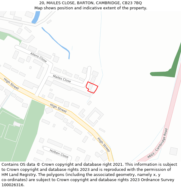 20, MAILES CLOSE, BARTON, CAMBRIDGE, CB23 7BQ: Location map and indicative extent of plot