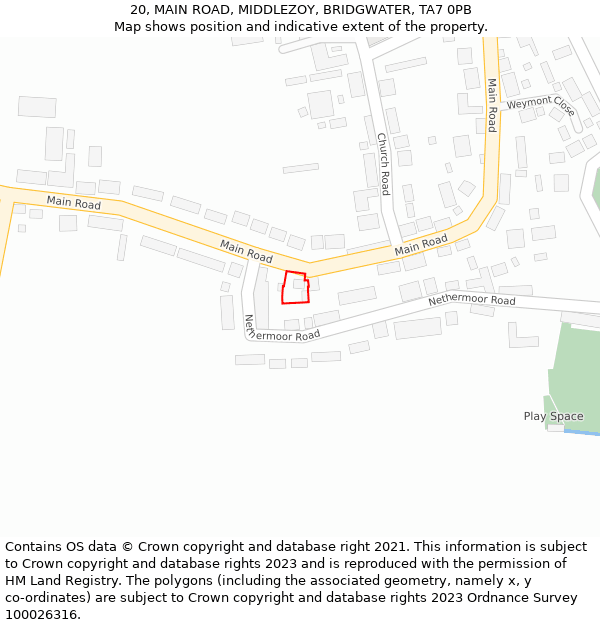 20, MAIN ROAD, MIDDLEZOY, BRIDGWATER, TA7 0PB: Location map and indicative extent of plot