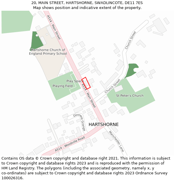 20, MAIN STREET, HARTSHORNE, SWADLINCOTE, DE11 7ES: Location map and indicative extent of plot