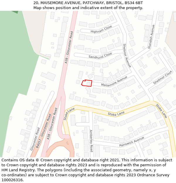 20, MAISEMORE AVENUE, PATCHWAY, BRISTOL, BS34 6BT: Location map and indicative extent of plot