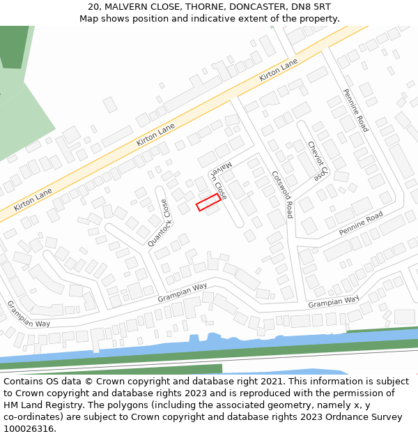 20, MALVERN CLOSE, THORNE, DONCASTER, DN8 5RT: Location map and indicative extent of plot