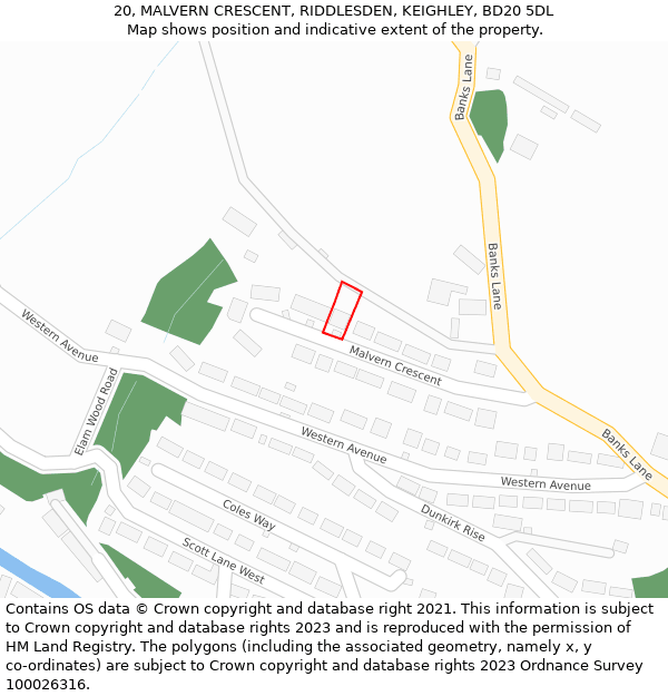 20, MALVERN CRESCENT, RIDDLESDEN, KEIGHLEY, BD20 5DL: Location map and indicative extent of plot