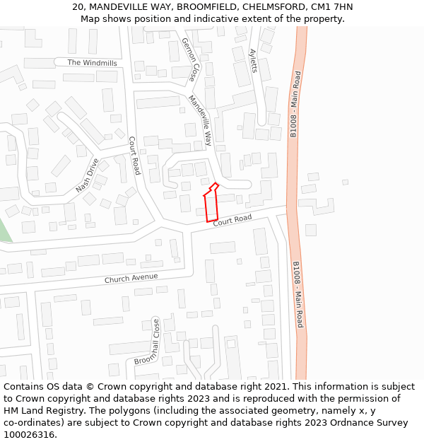 20, MANDEVILLE WAY, BROOMFIELD, CHELMSFORD, CM1 7HN: Location map and indicative extent of plot