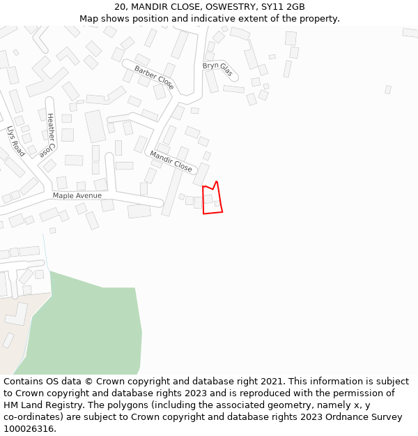 20, MANDIR CLOSE, OSWESTRY, SY11 2GB: Location map and indicative extent of plot