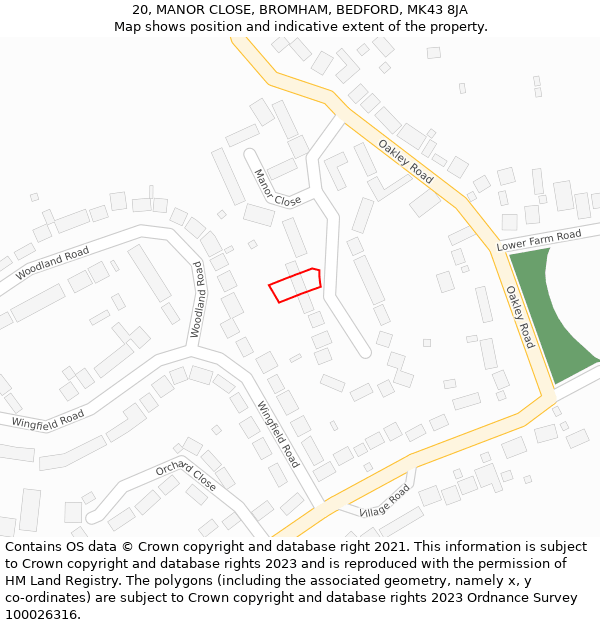 20, MANOR CLOSE, BROMHAM, BEDFORD, MK43 8JA: Location map and indicative extent of plot