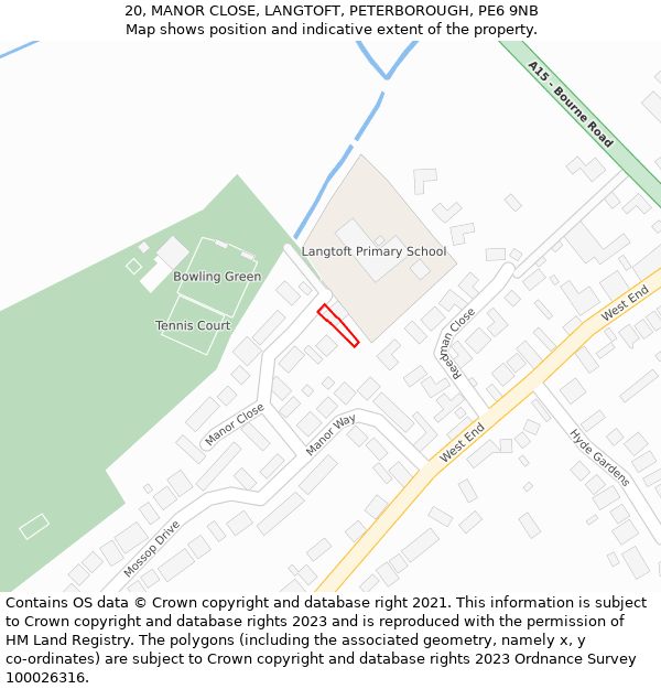 20, MANOR CLOSE, LANGTOFT, PETERBOROUGH, PE6 9NB: Location map and indicative extent of plot