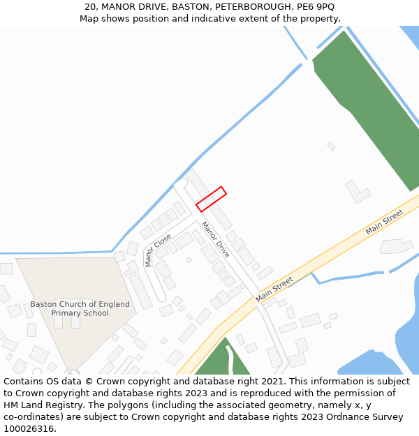 20, MANOR DRIVE, BASTON, PETERBOROUGH, PE6 9PQ: Location map and indicative extent of plot
