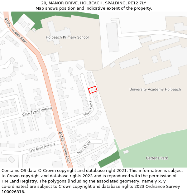 20, MANOR DRIVE, HOLBEACH, SPALDING, PE12 7LY: Location map and indicative extent of plot