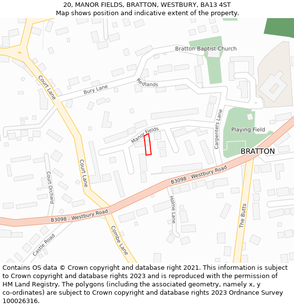 20, MANOR FIELDS, BRATTON, WESTBURY, BA13 4ST: Location map and indicative extent of plot