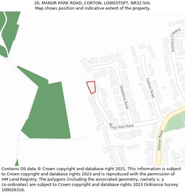 20, MANOR PARK ROAD, CORTON, LOWESTOFT, NR32 5HL: Location map and indicative extent of plot