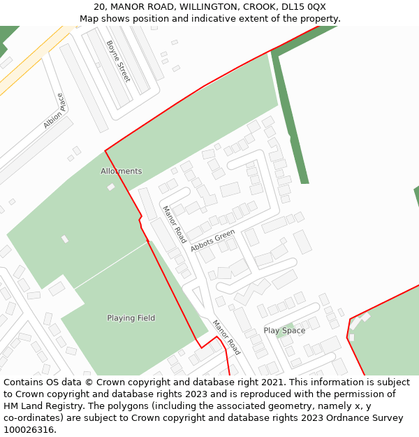 20, MANOR ROAD, WILLINGTON, CROOK, DL15 0QX: Location map and indicative extent of plot