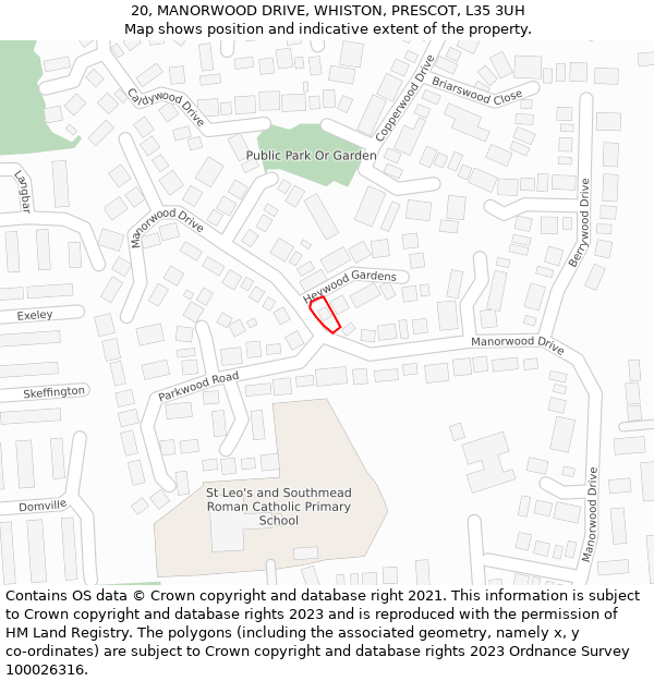 20, MANORWOOD DRIVE, WHISTON, PRESCOT, L35 3UH: Location map and indicative extent of plot
