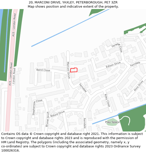 20, MARCONI DRIVE, YAXLEY, PETERBOROUGH, PE7 3ZR: Location map and indicative extent of plot