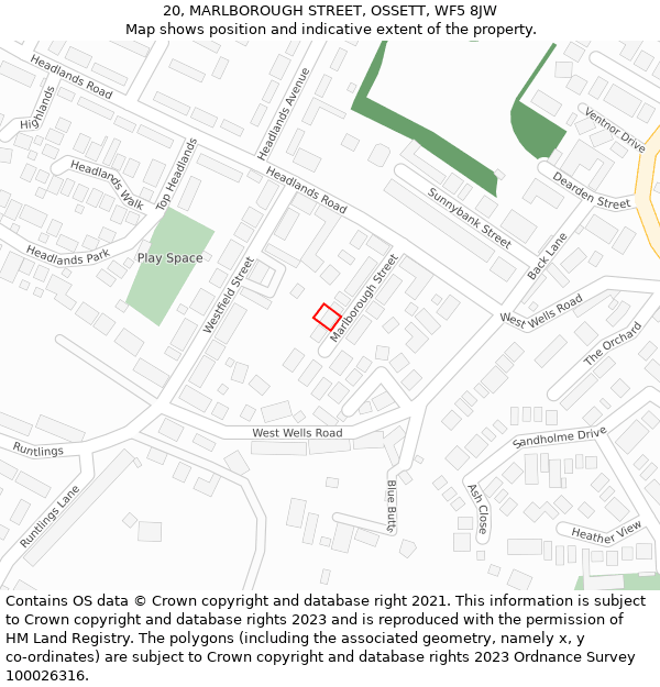 20, MARLBOROUGH STREET, OSSETT, WF5 8JW: Location map and indicative extent of plot