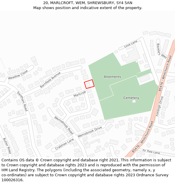 20, MARLCROFT, WEM, SHREWSBURY, SY4 5AN: Location map and indicative extent of plot