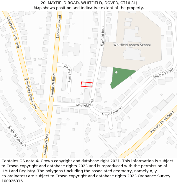 20, MAYFIELD ROAD, WHITFIELD, DOVER, CT16 3LJ: Location map and indicative extent of plot