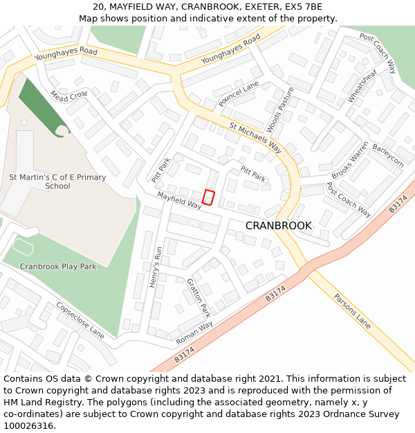 20, MAYFIELD WAY, CRANBROOK, EXETER, EX5 7BE: Location map and indicative extent of plot