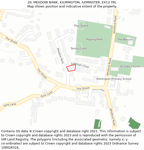 20, MEADOW BANK, KILMINGTON, AXMINSTER, EX13 7RL: Location map and indicative extent of plot