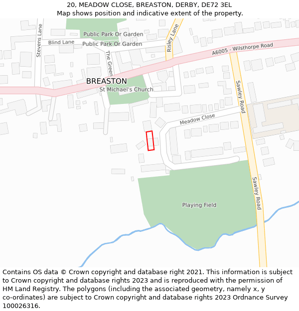 20, MEADOW CLOSE, BREASTON, DERBY, DE72 3EL: Location map and indicative extent of plot