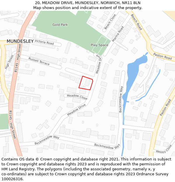 20, MEADOW DRIVE, MUNDESLEY, NORWICH, NR11 8LN: Location map and indicative extent of plot