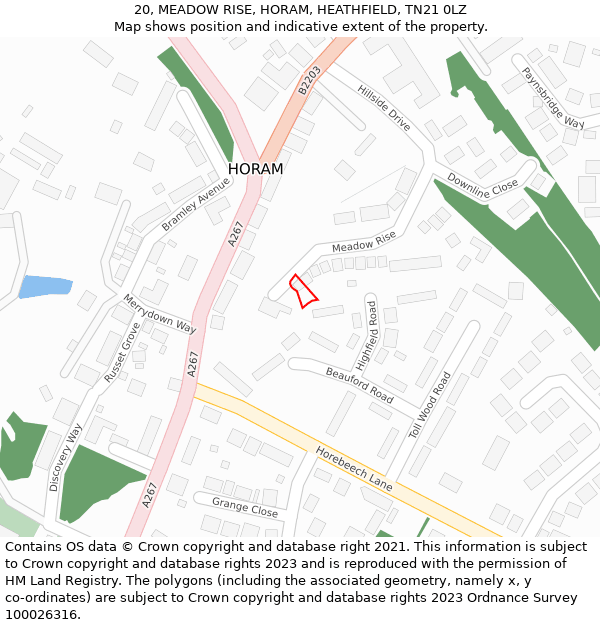 20, MEADOW RISE, HORAM, HEATHFIELD, TN21 0LZ: Location map and indicative extent of plot