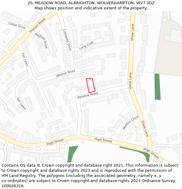 20, MEADOW ROAD, ALBRIGHTON, WOLVERHAMPTON, WV7 3DZ: Location map and indicative extent of plot