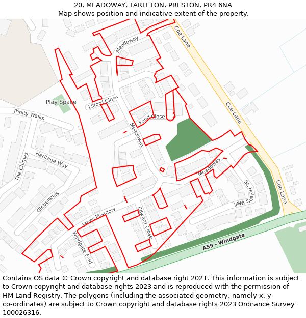 20, MEADOWAY, TARLETON, PRESTON, PR4 6NA: Location map and indicative extent of plot