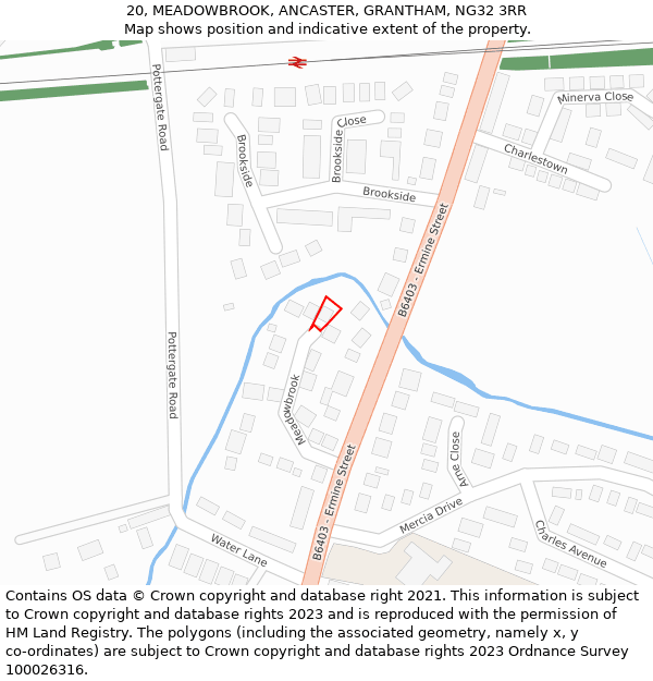 20, MEADOWBROOK, ANCASTER, GRANTHAM, NG32 3RR: Location map and indicative extent of plot