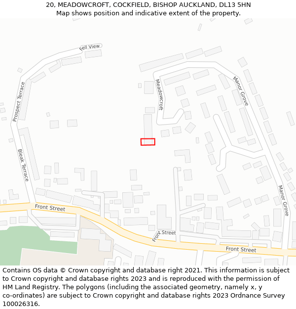 20, MEADOWCROFT, COCKFIELD, BISHOP AUCKLAND, DL13 5HN: Location map and indicative extent of plot