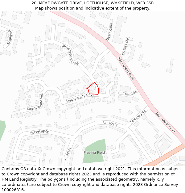 20, MEADOWGATE DRIVE, LOFTHOUSE, WAKEFIELD, WF3 3SR: Location map and indicative extent of plot