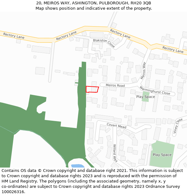 20, MEIROS WAY, ASHINGTON, PULBOROUGH, RH20 3QB: Location map and indicative extent of plot