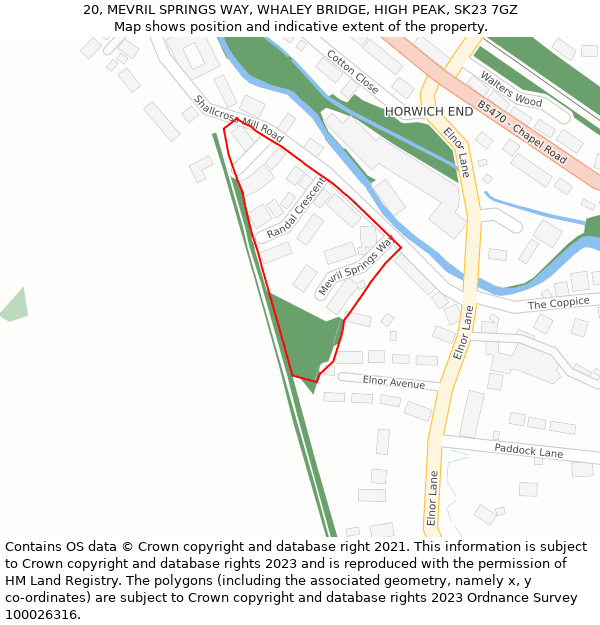 20, MEVRIL SPRINGS WAY, WHALEY BRIDGE, HIGH PEAK, SK23 7GZ: Location map and indicative extent of plot