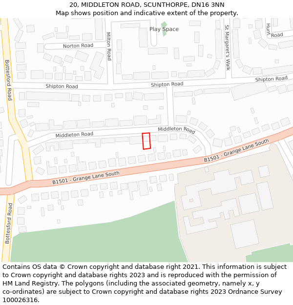 20, MIDDLETON ROAD, SCUNTHORPE, DN16 3NN: Location map and indicative extent of plot