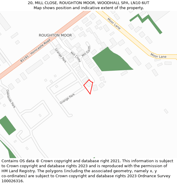 20, MILL CLOSE, ROUGHTON MOOR, WOODHALL SPA, LN10 6UT: Location map and indicative extent of plot