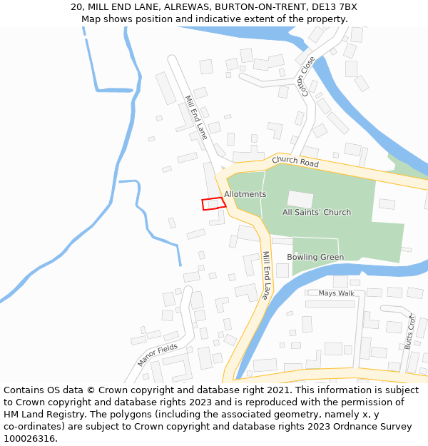 20, MILL END LANE, ALREWAS, BURTON-ON-TRENT, DE13 7BX: Location map and indicative extent of plot