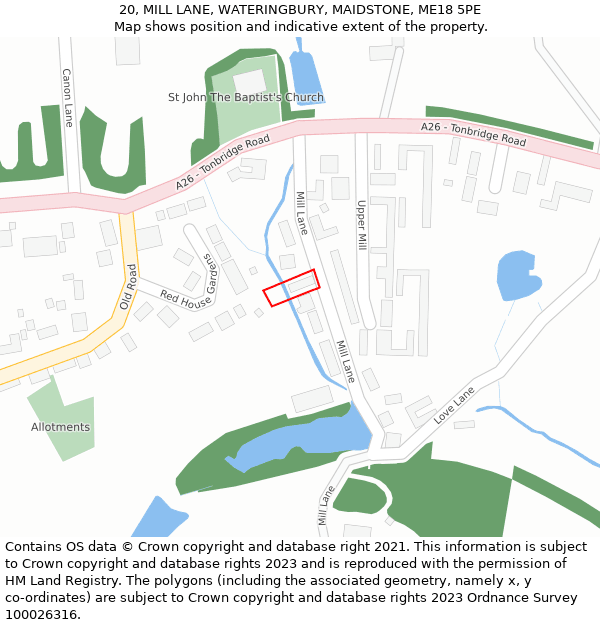 20, MILL LANE, WATERINGBURY, MAIDSTONE, ME18 5PE: Location map and indicative extent of plot