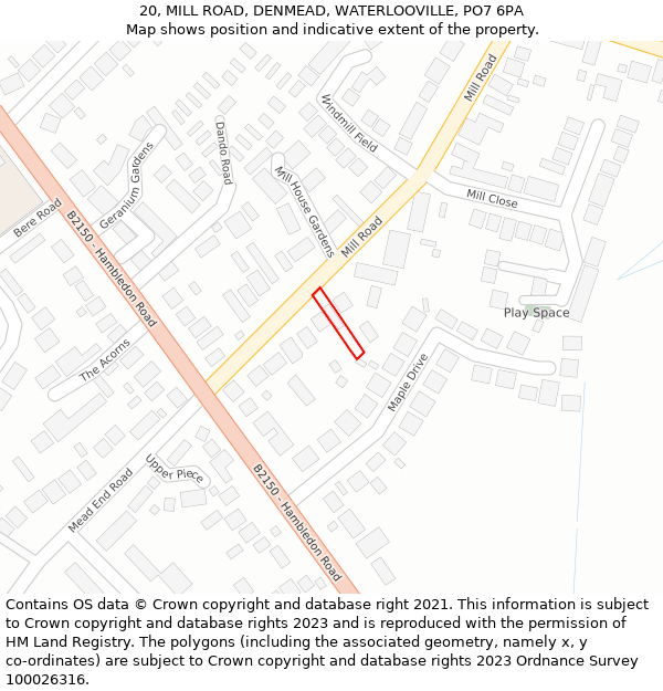 20, MILL ROAD, DENMEAD, WATERLOOVILLE, PO7 6PA: Location map and indicative extent of plot