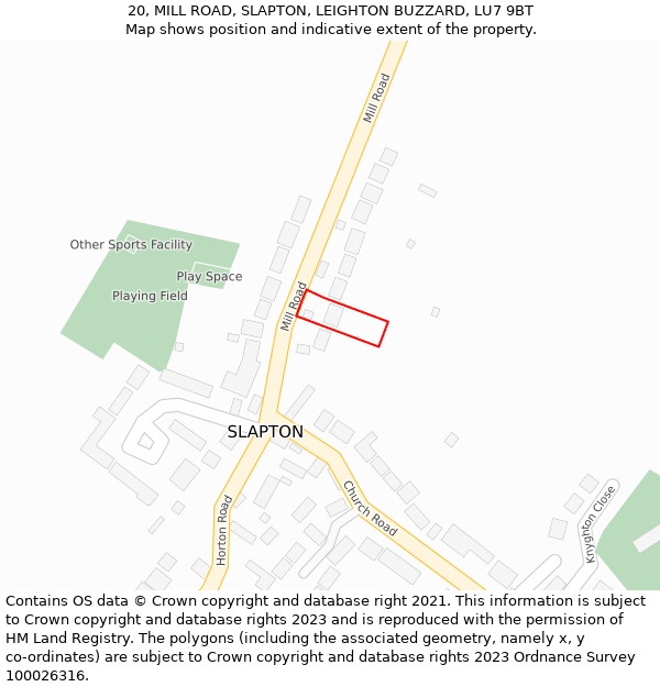 20, MILL ROAD, SLAPTON, LEIGHTON BUZZARD, LU7 9BT: Location map and indicative extent of plot