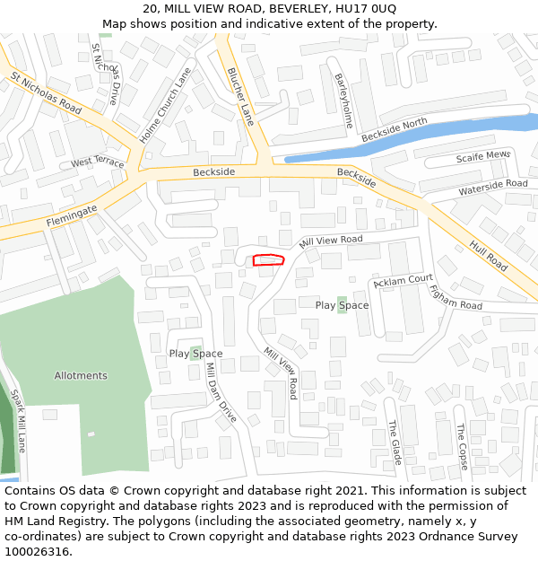 20, MILL VIEW ROAD, BEVERLEY, HU17 0UQ: Location map and indicative extent of plot