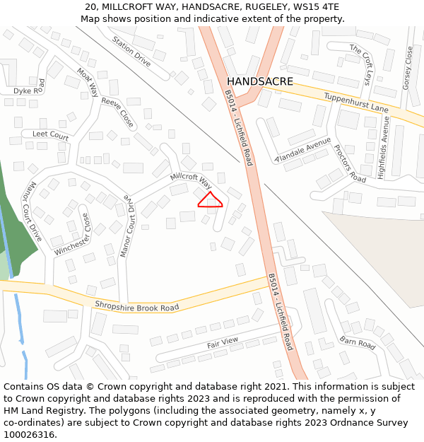 20, MILLCROFT WAY, HANDSACRE, RUGELEY, WS15 4TE: Location map and indicative extent of plot