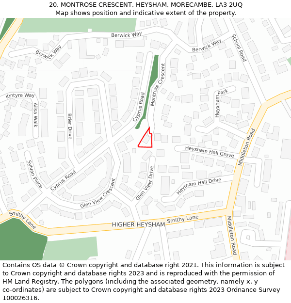 20, MONTROSE CRESCENT, HEYSHAM, MORECAMBE, LA3 2UQ: Location map and indicative extent of plot