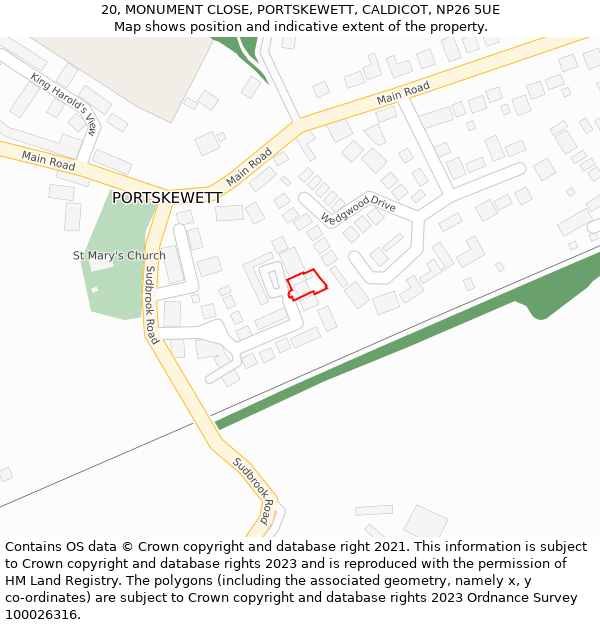 20, MONUMENT CLOSE, PORTSKEWETT, CALDICOT, NP26 5UE: Location map and indicative extent of plot