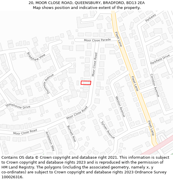 20, MOOR CLOSE ROAD, QUEENSBURY, BRADFORD, BD13 2EA: Location map and indicative extent of plot