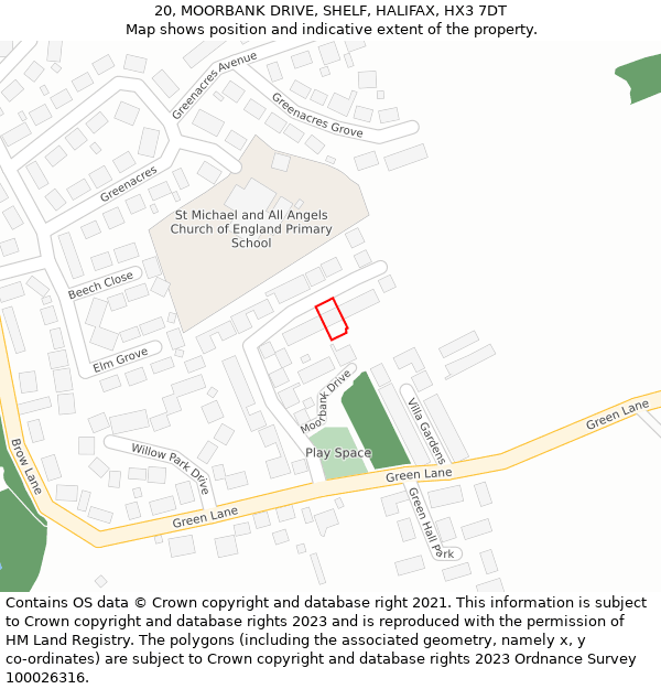 20, MOORBANK DRIVE, SHELF, HALIFAX, HX3 7DT: Location map and indicative extent of plot