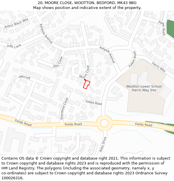 20, MOORE CLOSE, WOOTTON, BEDFORD, MK43 9BG: Location map and indicative extent of plot